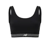 Top deportivo New Balance Train Bra, color negro con banda elástica inferior rayada en blanco y logo de la marca en el centro.