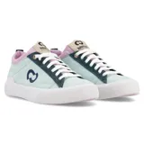 Zapatillas bajas de lona color celeste con detalles en lila y verde. Logo de la marca en el lateral y suela de goma color lila.