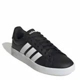 Championes urbanos Adidas modelo Grand Court Base 3.0, color negro con las icónicas tres tiras laterales en blanco y suela de goma blanca.