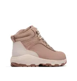 Bota de trekking Columbia modelo Newton Wander Ltr, color rosado con detalles en tono más claro y suela marrón. Confeccionada en cuero impermeable, cuenta con cordones, herrajes metálicos y tecnología de amortiguación y tracción.