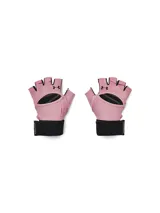Guantes sin dedos para levantamiento de pesas Under Armour, color rosado con palma y muñequera elástica negra, diseñados para entrenamiento y fitness.