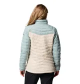 Campera técnica Columbia modelo Powder Pass con tecnología Omni-Shield resistente al agua y aislamiento térmico Thermarator. Presenta un diseño de bloques de color en tonos celeste y beige, con cierre frontal completo, cuello alto con protección para la barbilla y bolsillos laterales con cremallera.