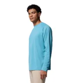 Remera deportiva de manga larga Columbia modelo PFG Solar Stream, color celeste, con tecnologías Omni-Wick y Omni-Shade para protección solar y absorción de humedad.