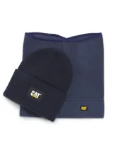 Gorro beanie azul marino de punto acanalado con vuelta y parche frontal de goma con el logotipo de Caterpillar.