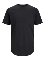 Camiseta negra de manga corta con cuello redondo, corte largo y dobladillo curvo.