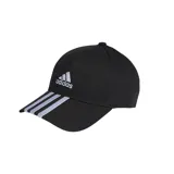 Gorra de béisbol Adidas negra con logo blanco bordado en el frente y tres tiras plateadas en la visera.