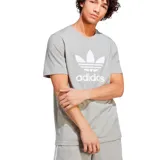 Remera Adidas Adicolor Classics Trifolio de color gris melange, confeccionada en algodón, con cuello redondo, mangas cortas y el clásico logo del Trifolio y la marca estampados en el centro del pecho en color blanco.