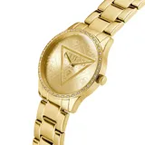 Reloj analógico Guess modelo Roxy con caja de 36 mm y malla de acero inoxidable en tono dorado. La esfera presenta un diseño con el logo de la marca y un bisel decorado con cristales.