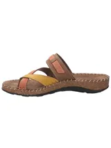 Sandalias de cuero para mujer, modelo Paradise de RKF, con diseño multicolor en tonos marrón, terracota y detalles en amarillo. Posee capellada y plantilla de cuero, tira ajustable con hebilla y suela de poliuretano efecto corcho.