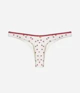 Bombacha de bikini de microfibra color blanco con miniestampado de hongos rojos y ribete en contraste a cuadros rojo y blanco.