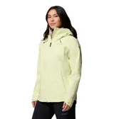 Campera impermeable Columbia de la línea Titanium, color amarillo claro. Cuenta con capucha fija con visera, cierre frontal revestido, bolsillos laterales con cremallera, puños ajustables y dobladillo con ceñidor. Diseño técnico transpirable con costuras selladas y detalles reflectantes.
