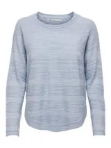 Sweater de punto acanalado color azul marino, con cuello redondo y manga larga, confeccionado en acrílico.