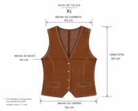 Chaleco sastrero confeccionado en gamuza, con cierre frontal de botones, escote en V y bolsillos frontales con solapa. Presenta un diseño estructurado y elegante.
