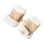 Guantes sin dedos de color beige con bordes de piel sintética blanca, confeccionados en material tipo gamuza.
