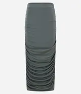 Pollera midi color verde oliva, de corte ajustado, con cintura elástica y frunces laterales.