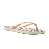 Ojotas Havaianas con estampado animal print en tonos beige, marrón y negro. Tiras finas color dorado rosado con logo de la marca.
