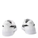 Championes Puma modelo Carina 2.0, de diseño urbano con capellada blanca y suela de plataforma con detalle en color lila. Presenta el logo de la marca en dorado en el lateral y en relieve en la parte trasera de la suela.