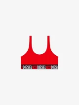 Top sujetador deportivo Diesel de color rojo, confeccionado en algodón elástico, con escote redondo y banda elástica ancha en la base con logotipos de la marca.