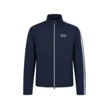 Campera deportiva EA7 Emporio Armani de color azul marino, con cierre frontal completo, cuello alto y mangas largas con franjas blancas en los hombros. Cuenta con el logo de la marca estampado en el pecho.
