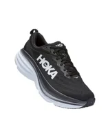 Championes de running Hoka One One Bondi 8, color negro con logo blanco en el lateral y suela gruesa en dos tonos.