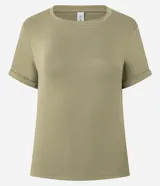 Blusa básica de cuello redondo y manga corta con detalle de dobladillo, confeccionada en tejido de viscosa con elastano.