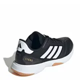 Championes deportivos Adidas Ligra 8 para deportes de cancha cubierta, color negro con las tres tiras características en blanco. Presentan una estructura de malla y cuero sintético con puntera reforzada, mediasuela amortiguada y suela de goma diseñada para superficies indoor.