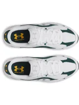 Championes Under Armour UA Tech Runner de diseño deportivo y urbano, en color blanco con detalles en verde oscuro y plateado, combinando malla transpirable, cuero y gamuza.