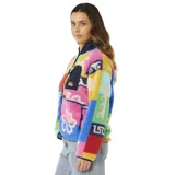 Campera de polar con cierre frontal, diseño de bloques de colores vibrantes con estampados florales y playeros. Cuenta con cuello alto, bolsillo frontal con cierre y terminaciones en color azul marino.