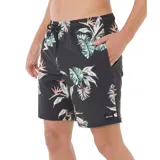 Short de baño para hombre, color negro, con estampado tropical de hojas y flores de ave del paraíso en tonos verde menta, blanco y rosado pálido. Posee cintura elástica con cordón ajustable negro.