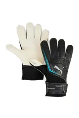 Guantes de arquero Puma Ultra Play RC, color negro con detalles en blanco y celeste, con palma de látex sintético y cierre de velcro ajustable.