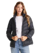 Campera puffer de plumas Michael Kors, color negro, con cierre frontal metálico, bolsillos laterales y cuello alto con capucha oculta.