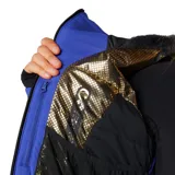 Campera de esquí técnica Columbia Titanium, color azul, con capucha ajustable, cierre frontal de doble vía, cinturón integrado en la cintura, ventilación en axilas y puños con orificios para pulgares.