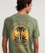 Remera de hombre, modelo comfort, color verde oliva desteñido, con cuello redondo y manga corta. Presenta un pequeño estampado en el pecho con lettering en tonos naranjas que dice "COASTALSIDE".