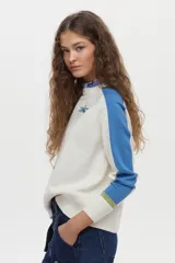 Sweater de punto color blanco con mangas raglán en azul y detalles en verde en los puños, cuello redondo y bordado de libélula en el pecho.