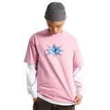 Remera rosa de manga corta con cuello redondo y estampado frontal de una estrella azul con el logo de Vans en el centro.
