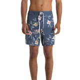 Short de baño Quiksilver con estampado floral en tonos azules, blancos y amarillos.