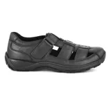 Sandalias de cuero color marrón para hombre, estilo cerrado con aberturas laterales y en la puntera, ajuste mediante tira con velcro en el empeine y suela de goma marrón oscura.