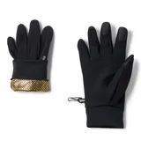 Guantes deportivos Columbia en color negro, con tecnología de aislamiento térmico. Presentan un diseño con palma texturizada para mejor agarre, puntas de los dedos compatibles con pantallas táctiles y un pequeño gancho metálico en la muñeca para sujeción.
