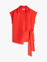 Blusa cruzada de lino Tommy Hilfiger color rojo, sin mangas, con cuello en V, cuello inglés y lazo anudable en el lateral.