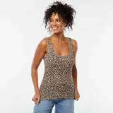 Camiseta sin mangas de mujer, corte ajustado, con escote redondo y estampado de leopardo en tonos beige y marrón oscuro.