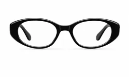 Lentes con armazón negro de diseño ovalado y sutil estilo cat-eye, con protección contra luz azul.