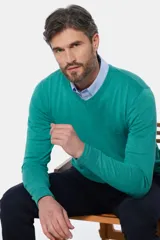 Buzo liso color verde esmeralda, tejido de hilo liviano 100% algodón, con cuello en V y logo bordado en el pecho.