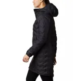 Campera larga negra marca Columbia con capucha, tecnología Omni-Heat de reflectividad térmica y costuras termoselladas Heat Seal resistentes al agua.