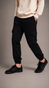 Pantalón cargo negro de corte ajustado con bolsillos laterales tipo cargo y puños elásticos en los tobillos.