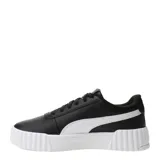 Championes Puma Carina 3.0 de estilo urbano, color negro con detalles en blanco. Presentan una suela de plataforma texturizada, cierre con cordones y el logo de la marca en dorado en el lateral y la lengüeta.