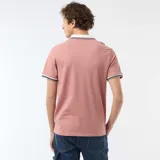 Remera polo de manga corta color rosado, con cuello y ribetes en las mangas de color blanco con líneas negras y azul marino. Presenta diseño con escote en V sin botones.