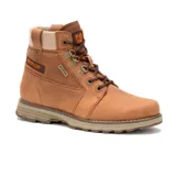 Bota de cuero color marrón con diseño impermeable, cuello acolchado en tono beige, cierre de cordones y suela de goma con entresuela de EVA.