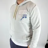 Canguro gris claro con capucha y cordones amarillos. Estampado frontal con raqueta de tenis y texto "Tennis Society Miami Florida Training Sessions Every Day 6-3".