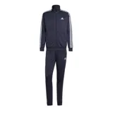 Conjunto deportivo Adidas compuesto por una campera con cierre frontal y cuello alto, y un pantalón de jogging. Ambas piezas presentan el diseño clásico de tres bandas blancas en los laterales y el logo de la marca bordado.