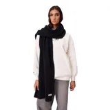 Bufanda de tejido de punto grueso en color negro, con diseño liso y etiqueta de marca en el extremo.